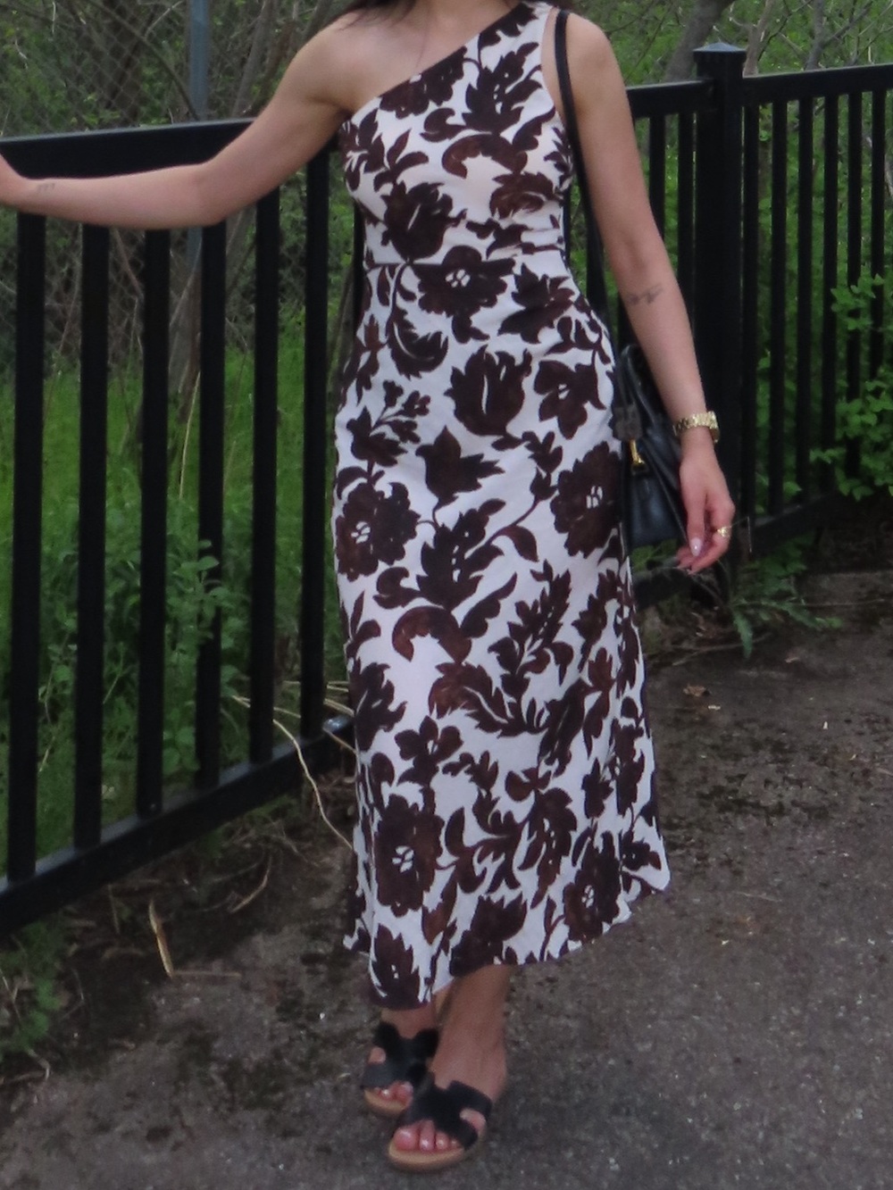 Mango One-Shoulder Floral Midi Dress in Brown and White